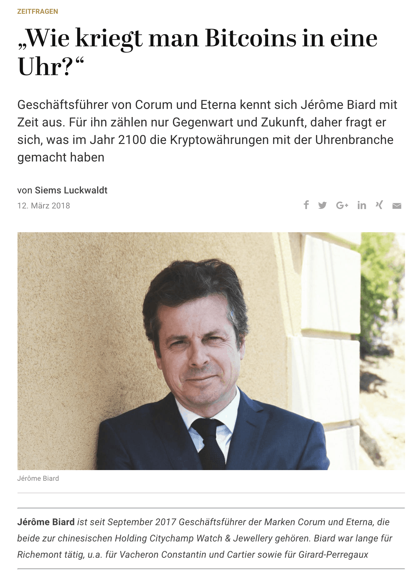 Zeitfragen: Jérôme Biard, Corum u. Eterna (für Capital.de)