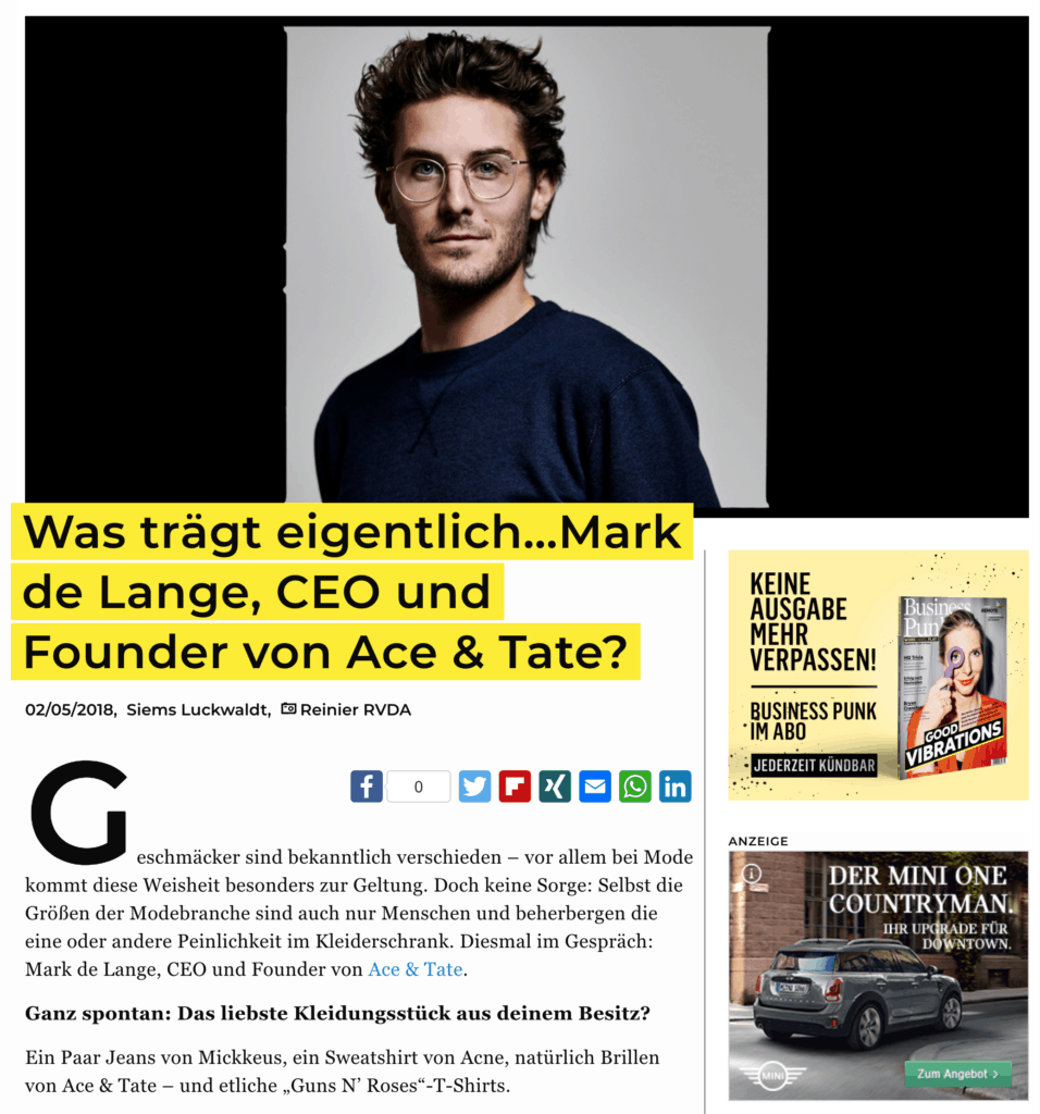 Was trägt eigentlich: Mark de Lange, CEO und Founder von Ace & Tate? (Business-Punk.com)