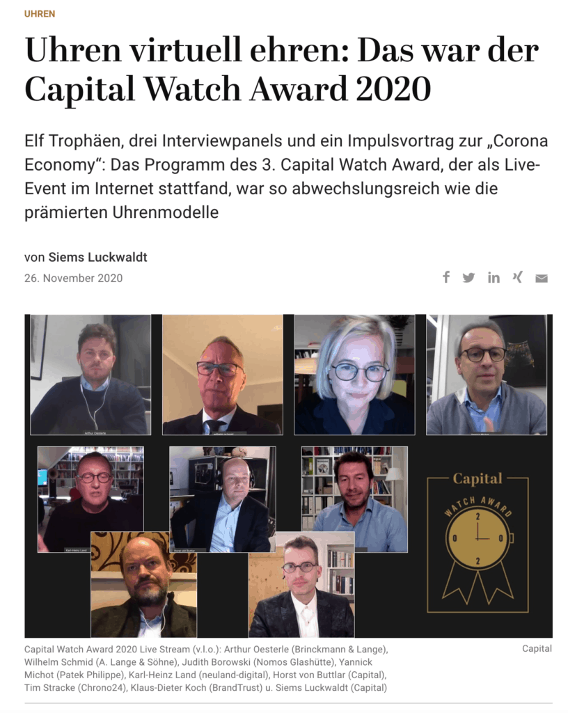 Uhren virtuell ehren: Capital Watch Award 2020 als Live-Stream (für Capital.de)
